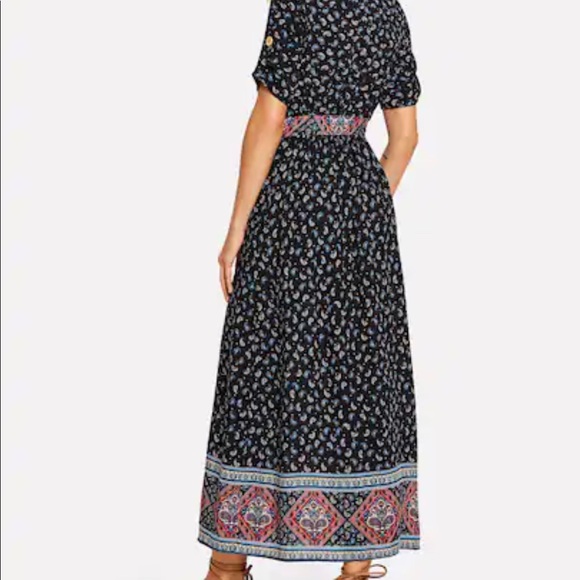 Belted Asymmetric Button Paisley Contrast Dress - Picture 3 of 4